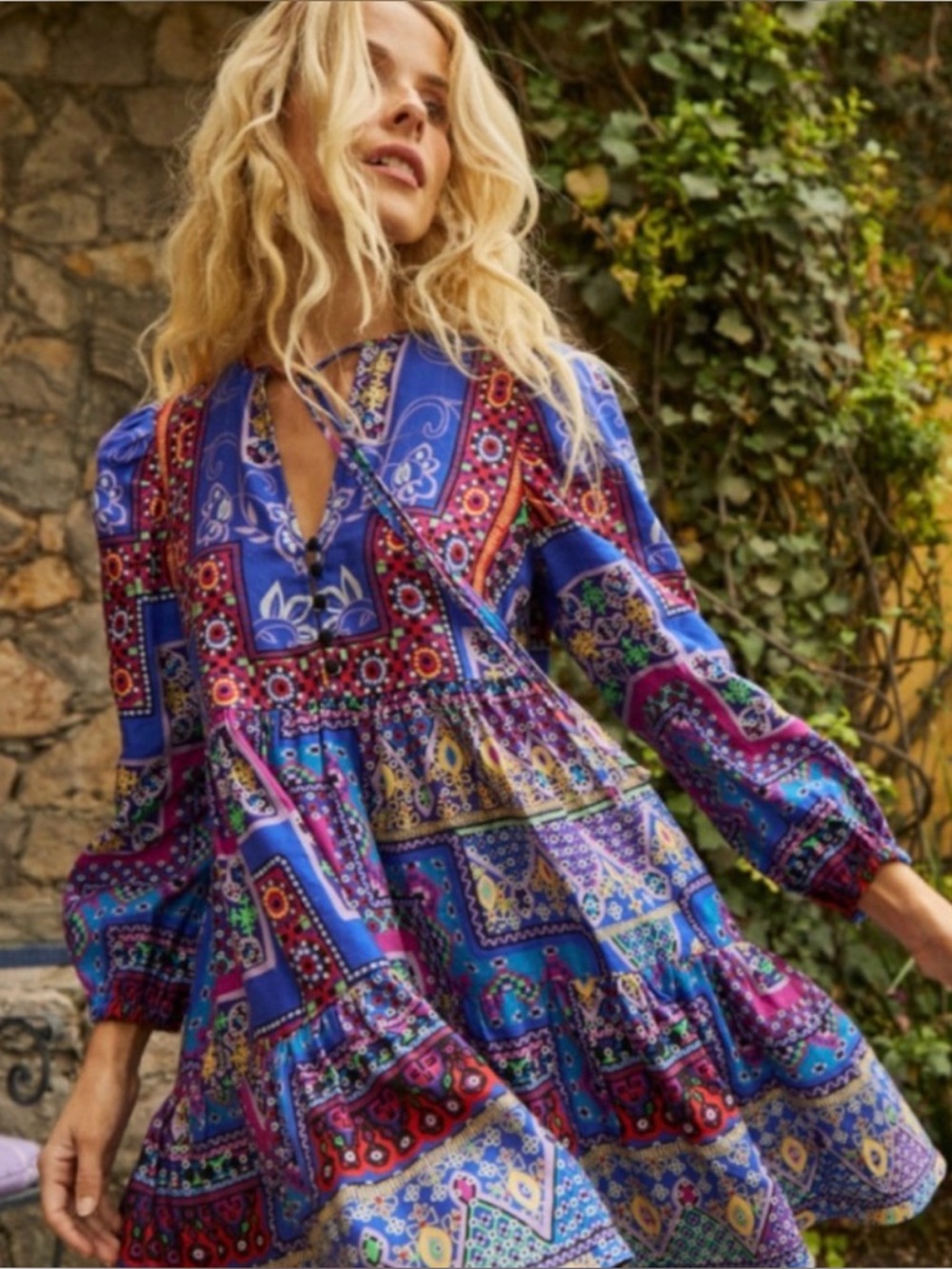 Hunter Bell Blue Patterned Tiered Dress